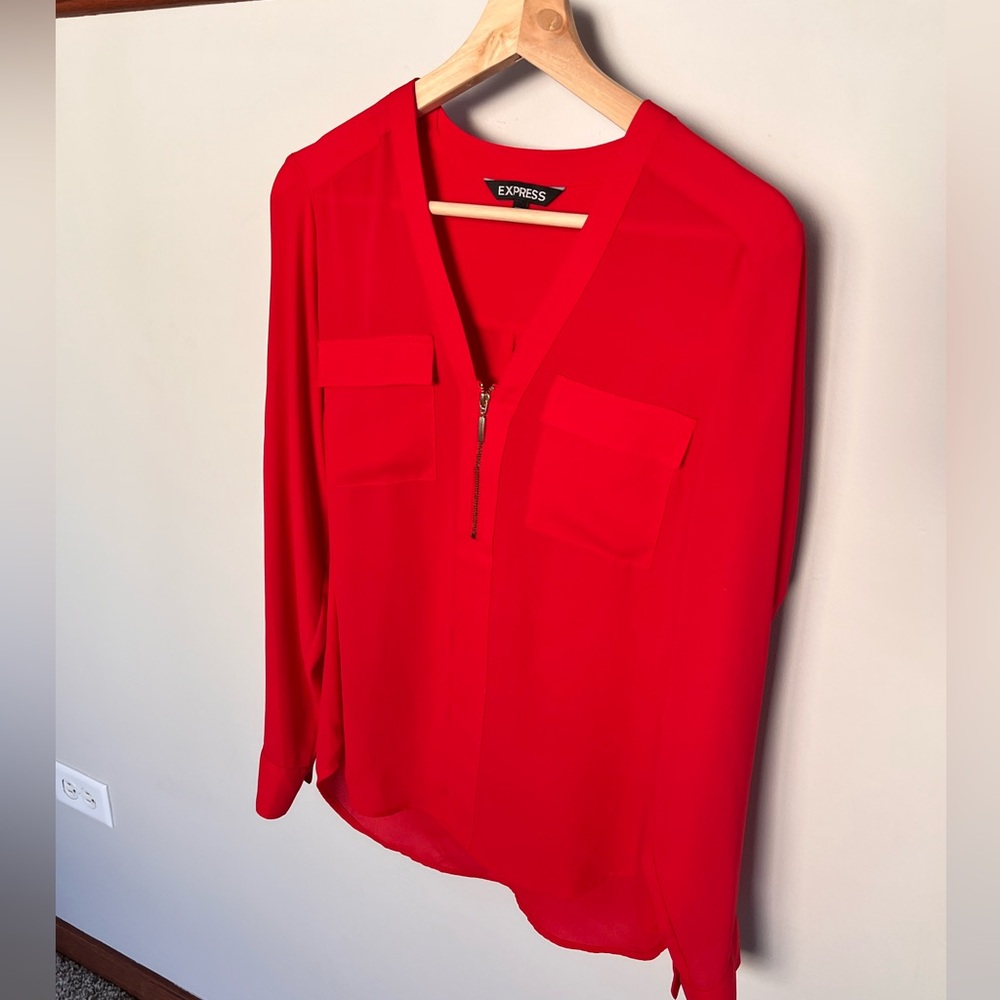 Express Vibrant Red Blouse | Front Zipper & Dual Chest Pockets